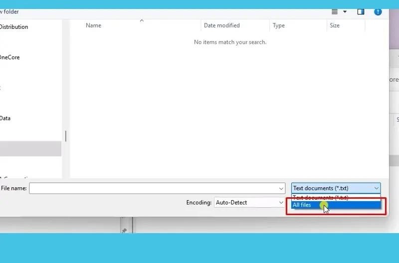 Trong phần mở tệp, chọn kiểu hiển thị là All files để nhìn thấy các file hệ thống