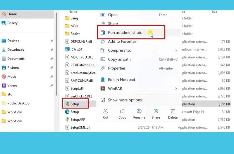 Nhấp chuột phải vào Setup.exe và chọn Run as administrator