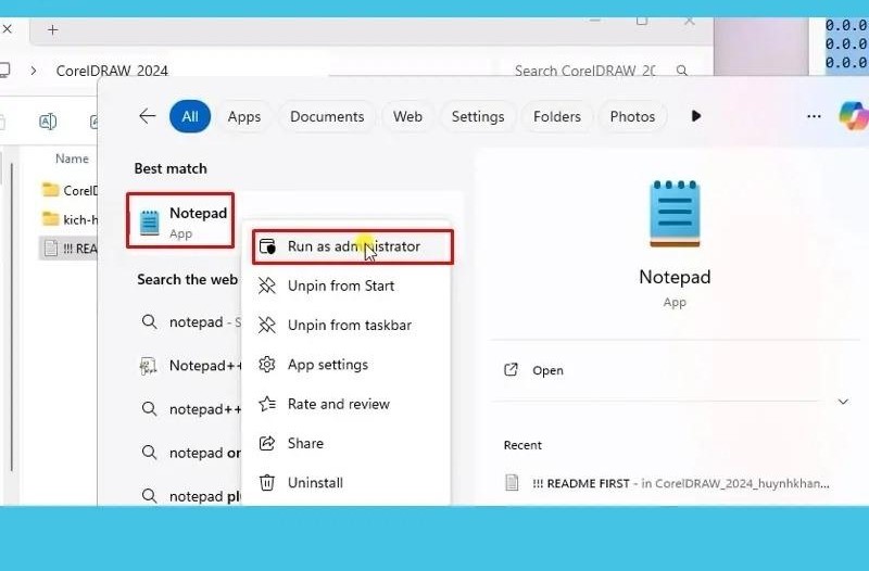 Mở Notepad với quyền quản trị viên (Run as administrator