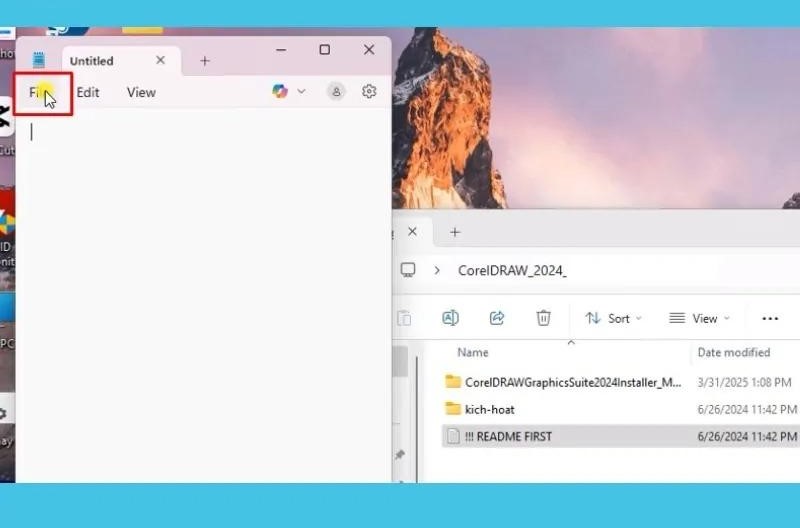 Trong Notepad, chọn File ở góc trên bên trái