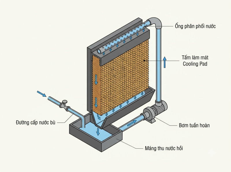 Sơ đồ nguyên lý phân tách đường cấp bù và vòng tuần hoàn nước qua tấm làm mát Cooling Pad